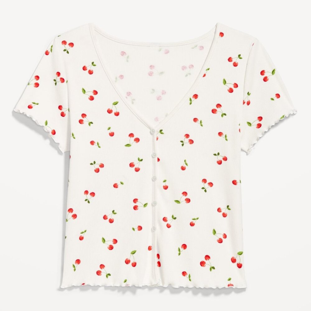 Old Navy Cherry Print Ribbed Button-Down Lettuce-Edge Top